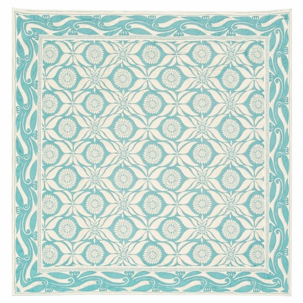 Pottery Barn Turquoise Block Print Quilt Bedspread Double Sided